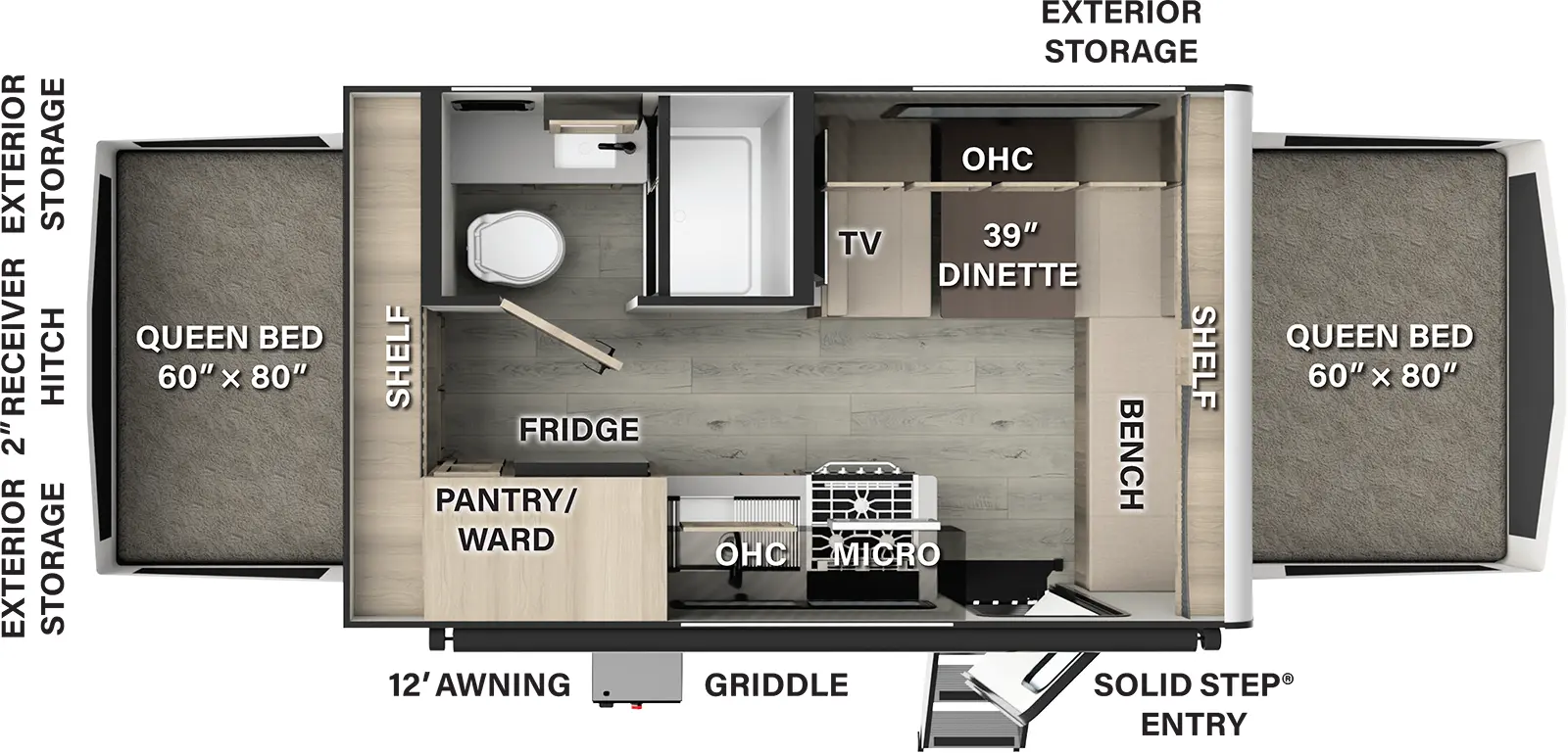 The Flagstaff Shamrock 17E has one entry and zero slide outs. Exterior features include: fiberglass exterior. 